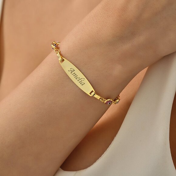 Personalized Gold or Silver Name Bracelet with Evil Eye Charms - Custom Engraved - Picture 3 of 4